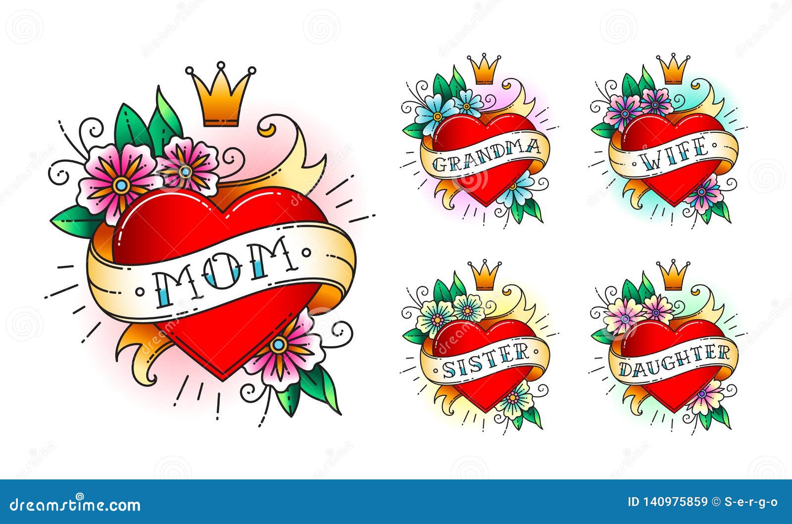 set of classic tattoo heart with flowers, crown and ribbon with words